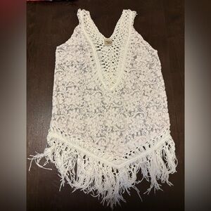Advance Apparels Cream Crochet Fringe Top